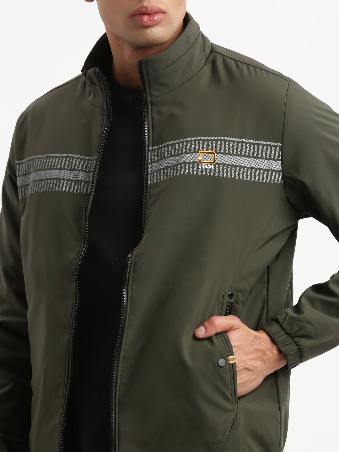 Men Mock Collar Olive Solid Bomber Jacket