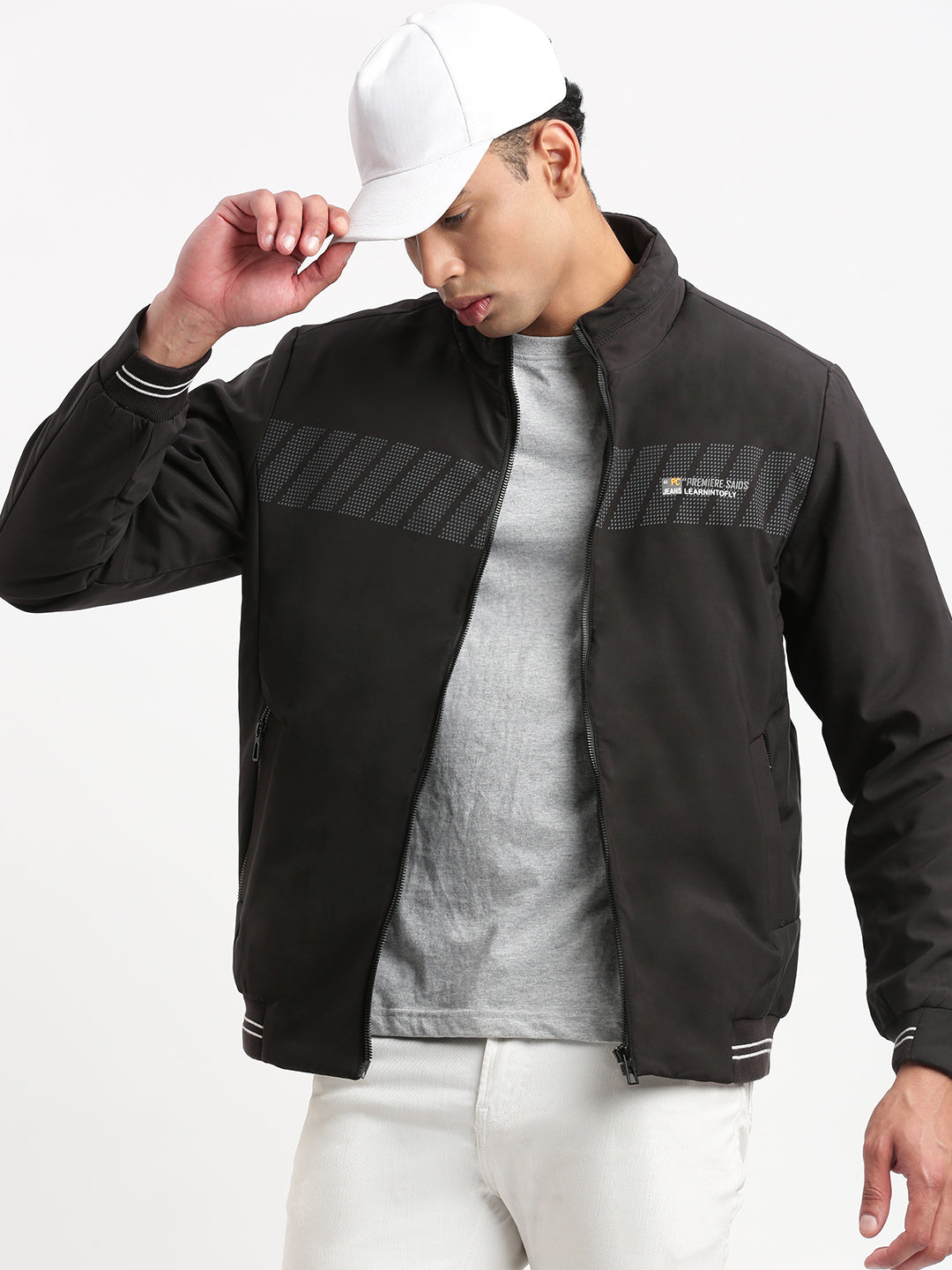 Men Mock Collar Black Solid Bomber Jacket