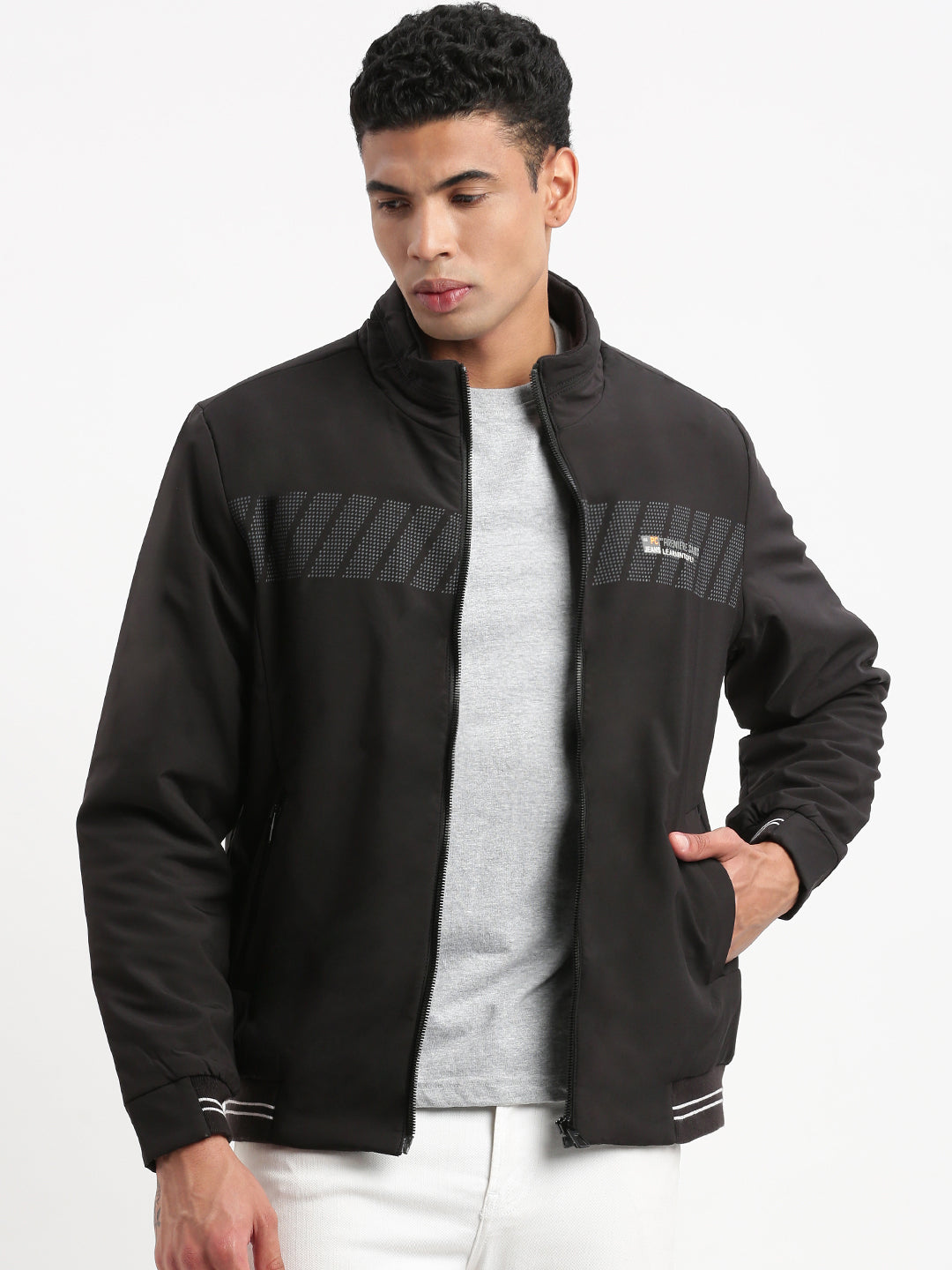 Men Mock Collar Black Solid Bomber Jacket