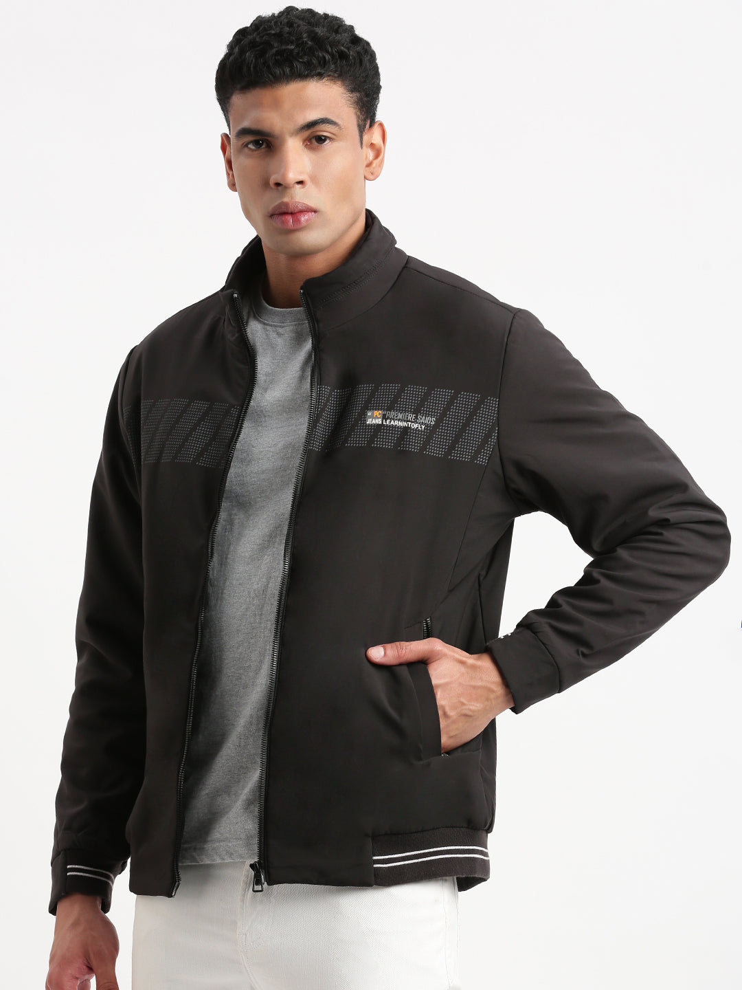 Men Mock Collar Black Solid Bomber Jacket