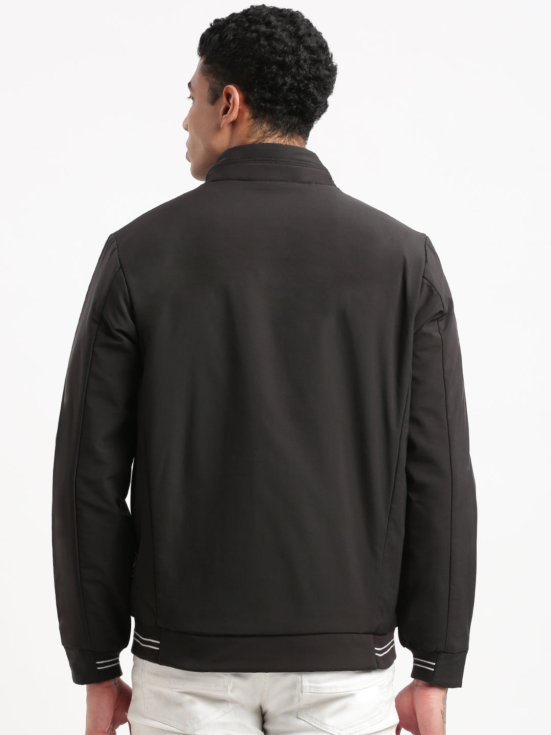 Men Mock Collar Black Solid Bomber Jacket