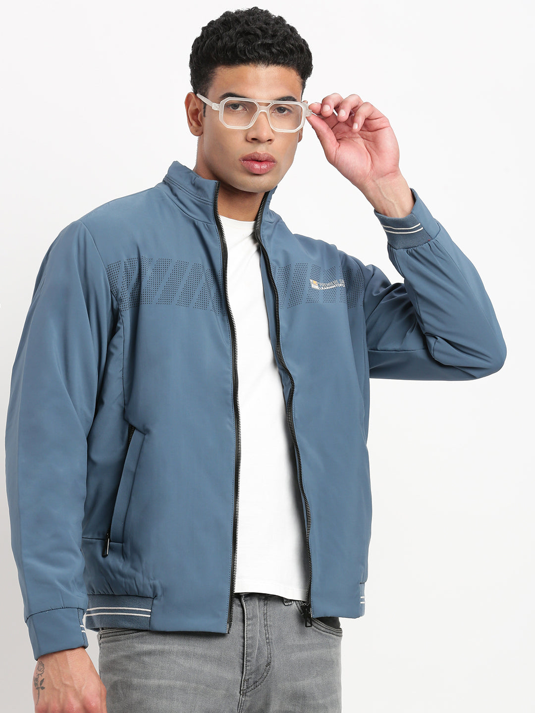 Men Mock Collar Blue Solid Bomber Jacket