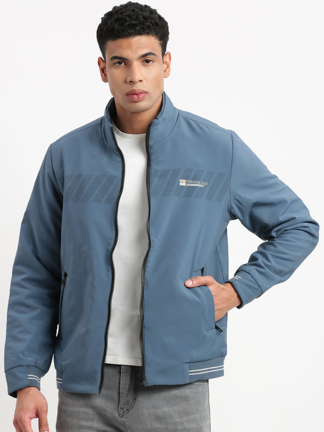 Men Mock Collar Blue Solid Bomber Jacket