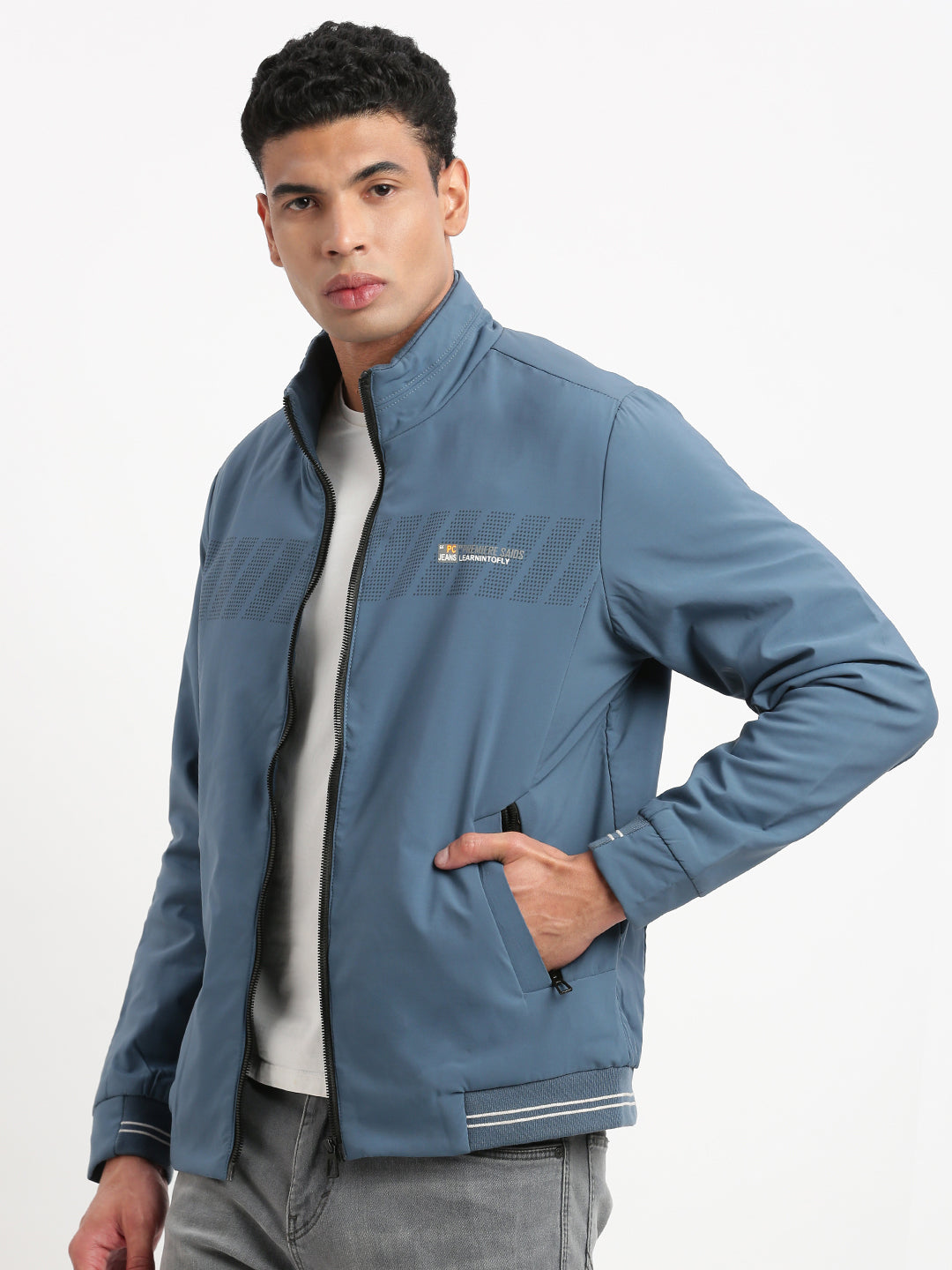 Men Mock Collar Blue Solid Bomber Jacket