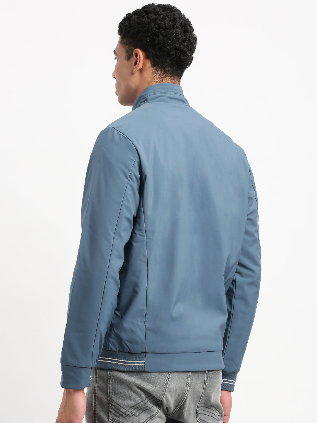 Men Mock Collar Blue Solid Bomber Jacket