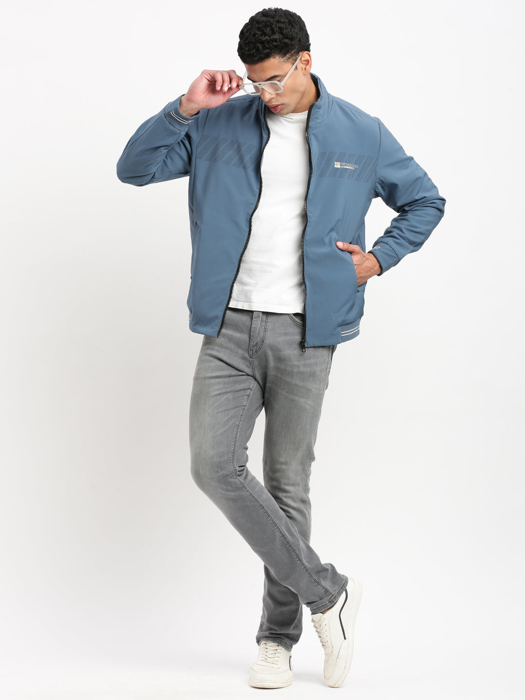 Men Mock Collar Blue Solid Bomber Jacket