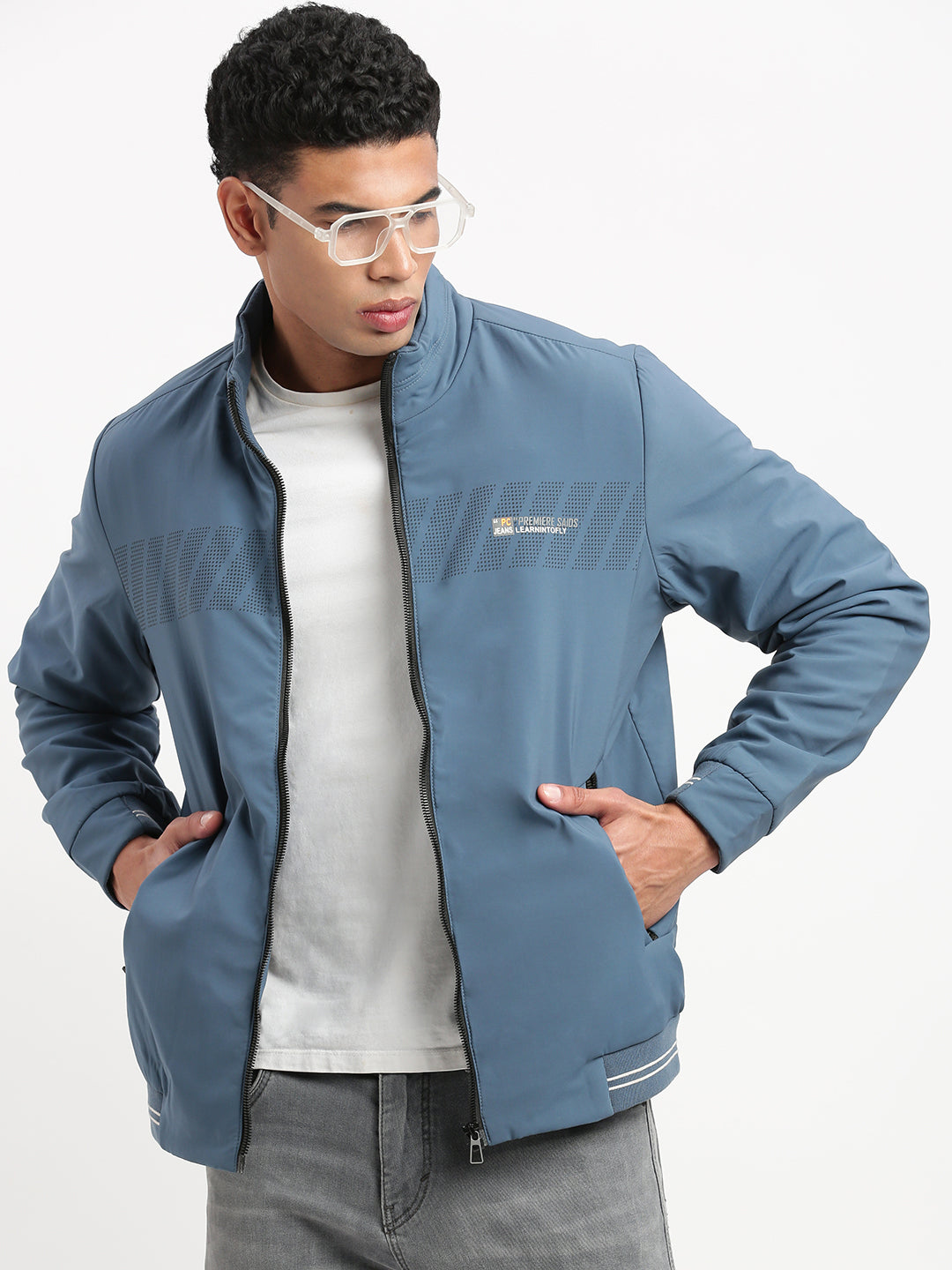 Men Mock Collar Blue Solid Bomber Jacket