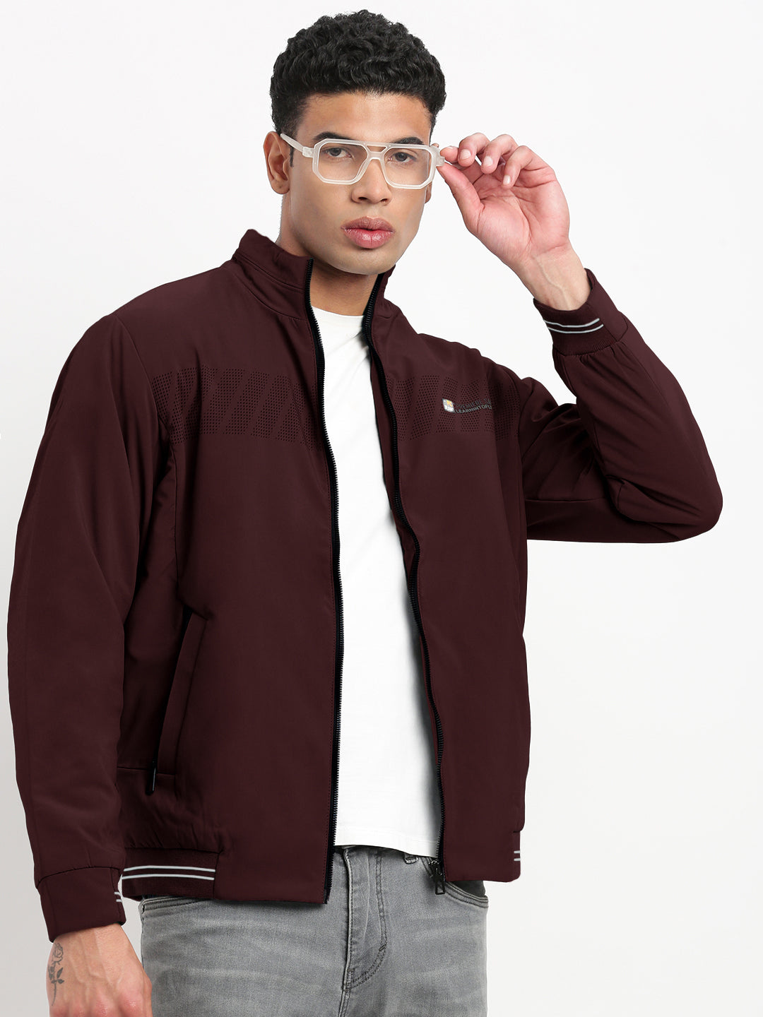 Men's Solid Maroon Mock Collar Bomber Jacket