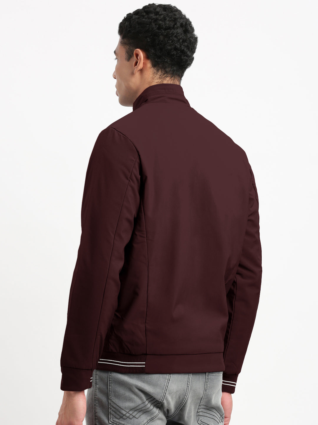 Men's Solid Maroon Mock Collar Bomber Jacket