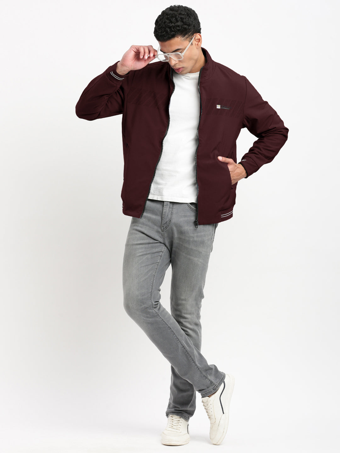 Men's Solid Maroon Mock Collar Bomber Jacket