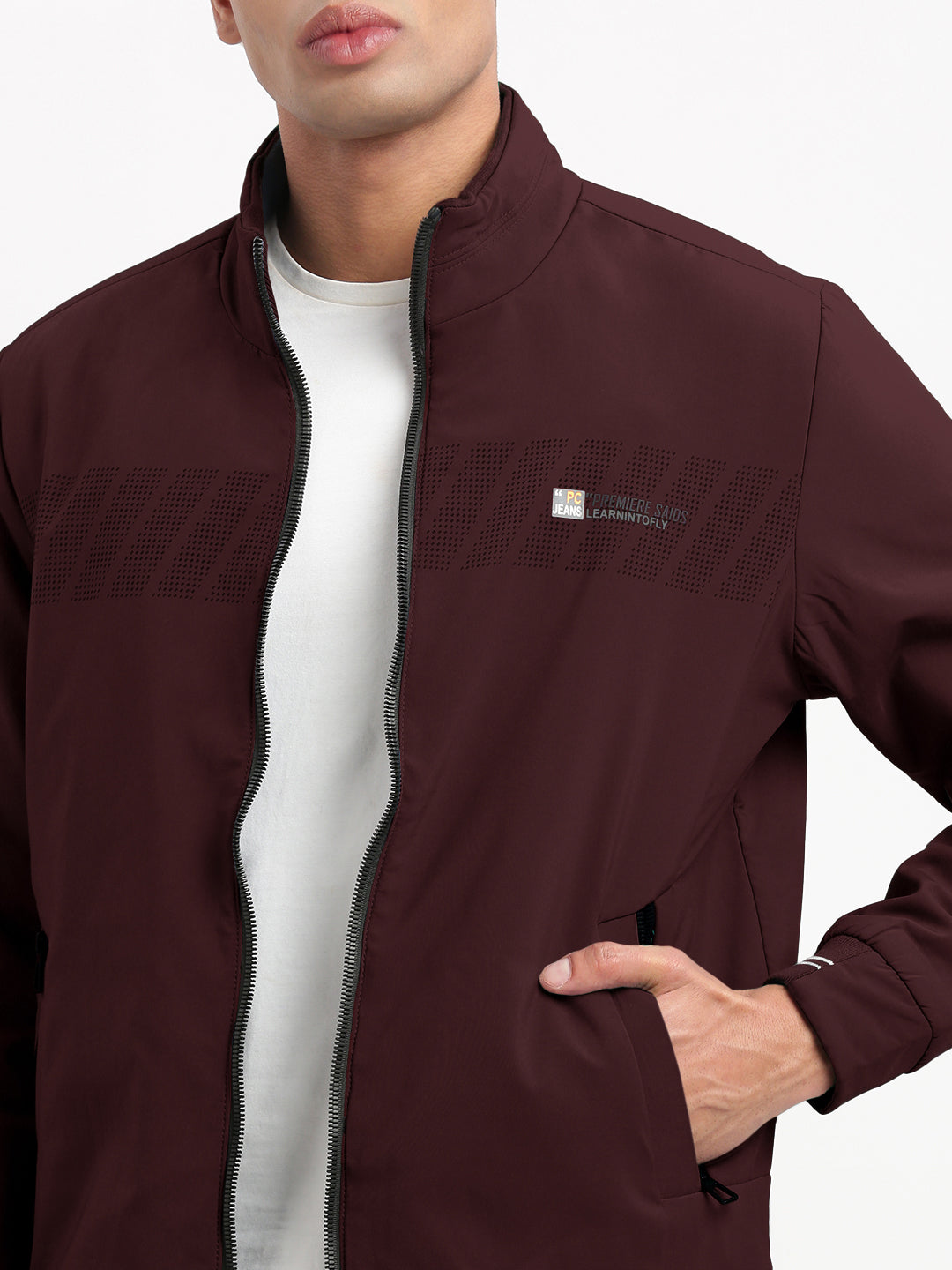 Men's Solid Maroon Mock Collar Bomber Jacket