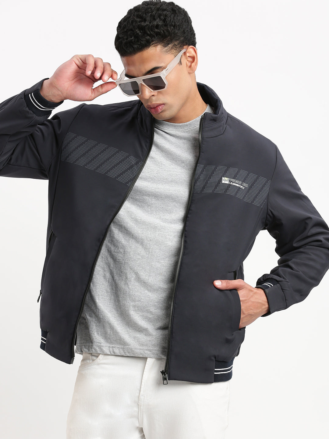 Men Mock Collar Navy Blue Solid Bomber Jacket