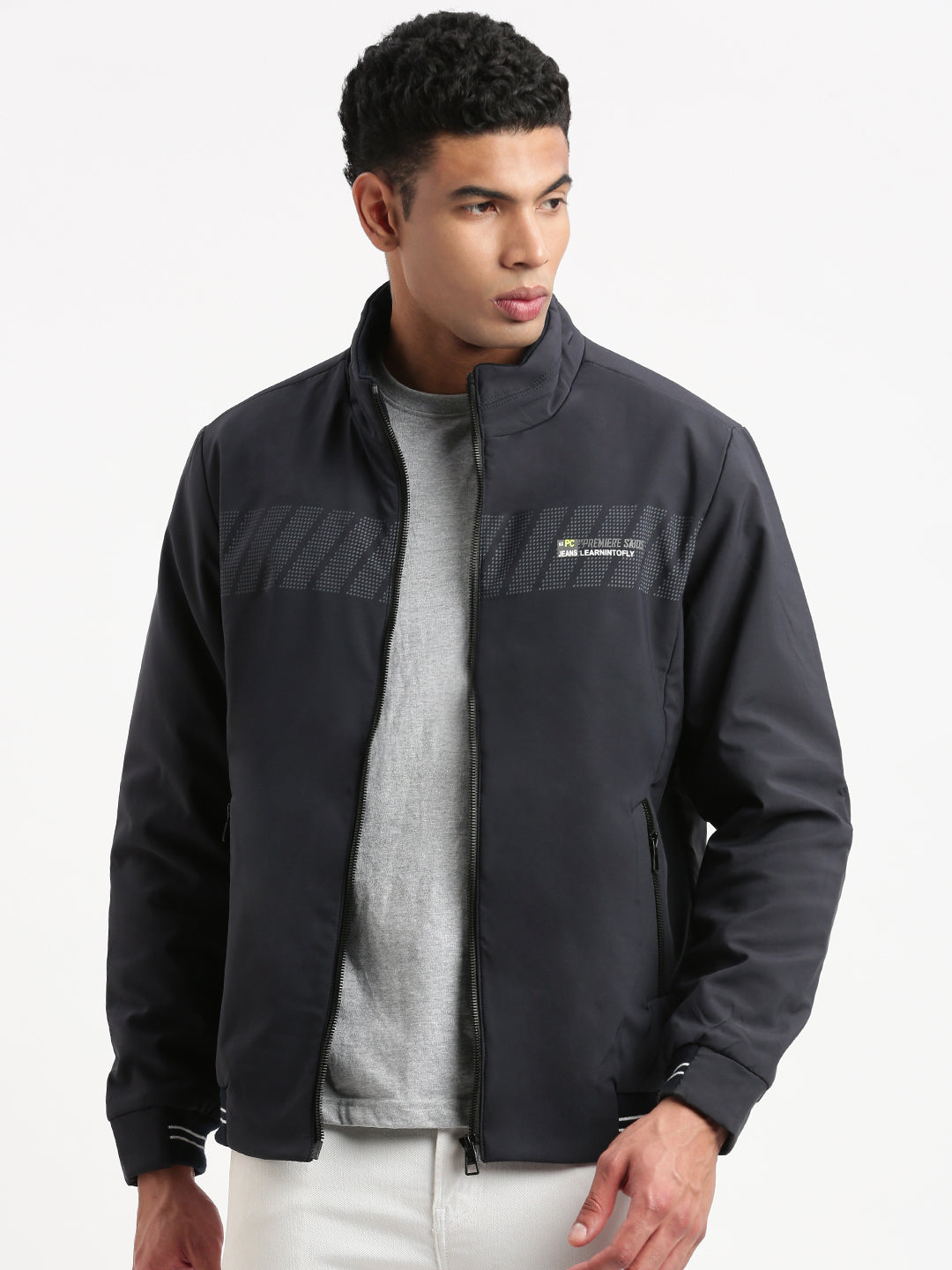 Men Mock Collar Navy Blue Solid Bomber Jacket