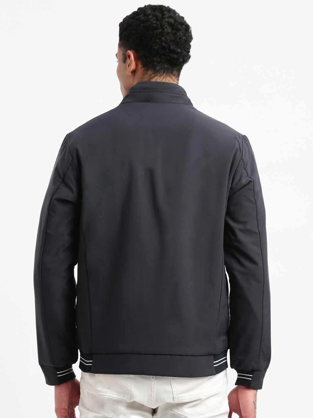 Men Mock Collar Navy Blue Solid Bomber Jacket