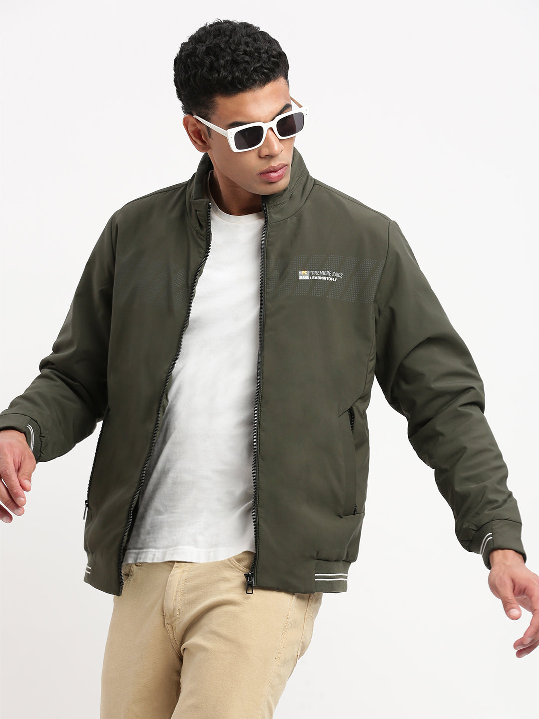 Men Mock Collar Olive Solid Bomber Jacket