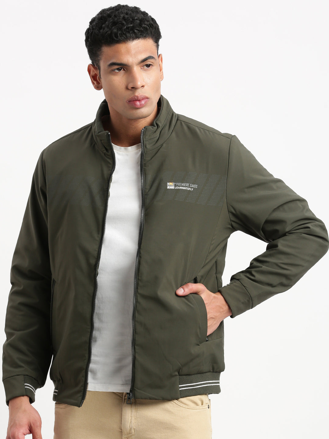 Men Mock Collar Olive Solid Bomber Jacket