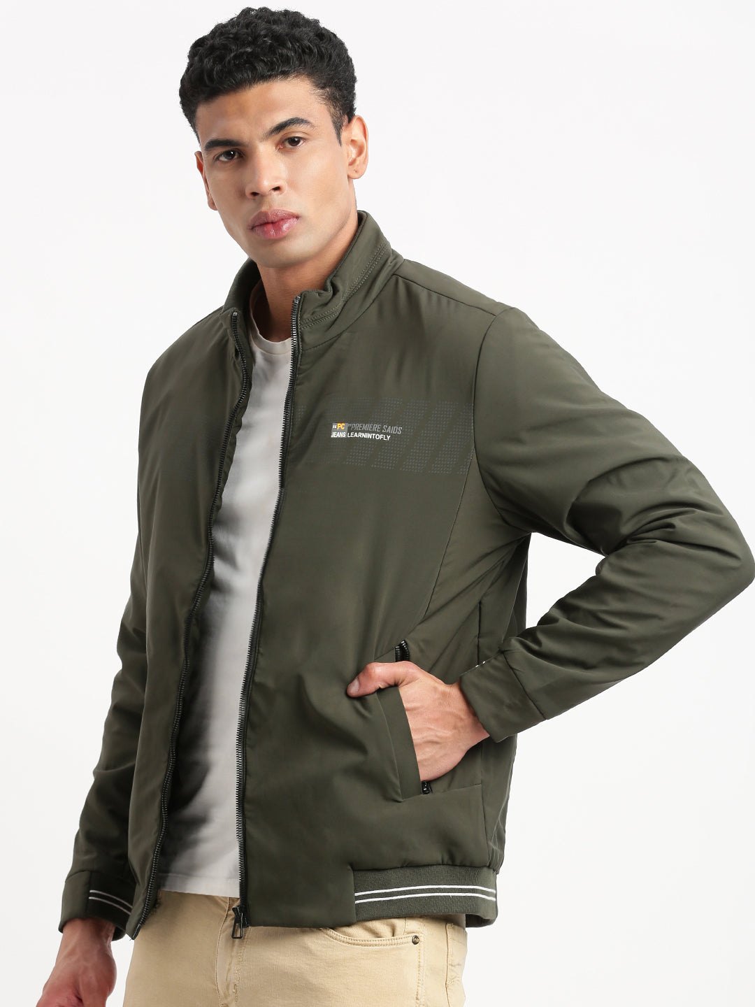 Men Mock Collar Olive Solid Bomber Jacket