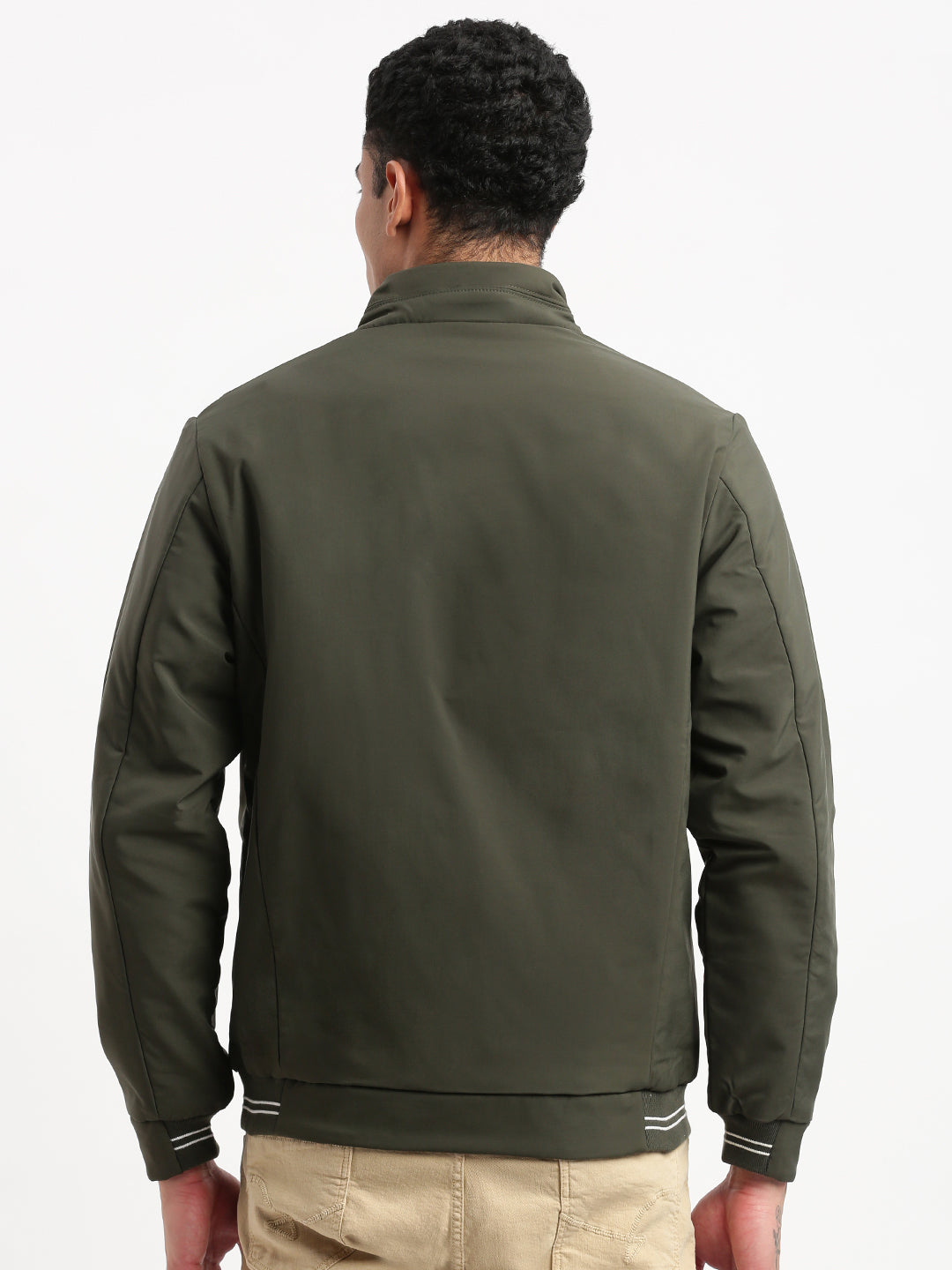 Men Mock Collar Olive Solid Bomber Jacket