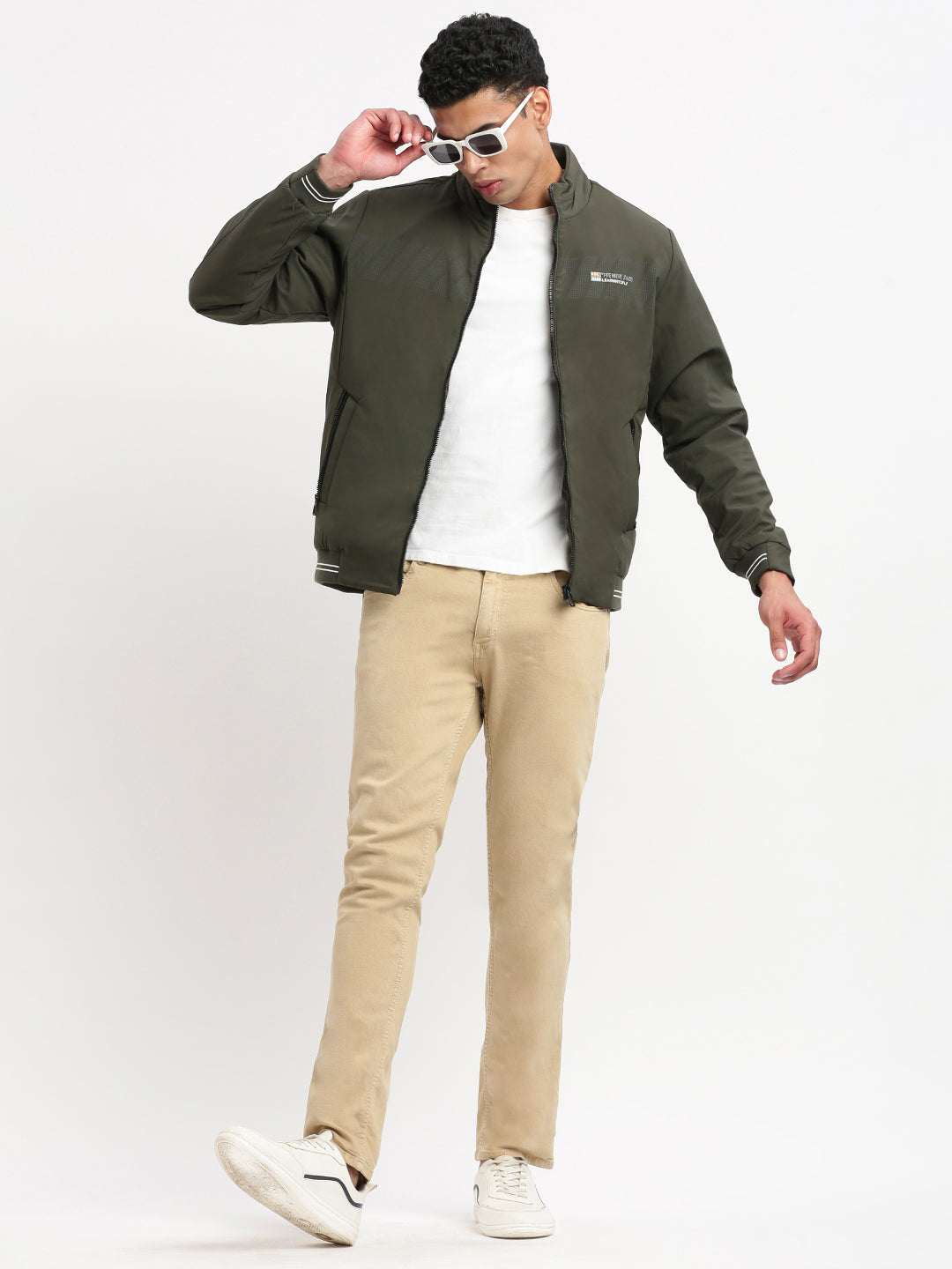 Men Mock Collar Olive Solid Bomber Jacket