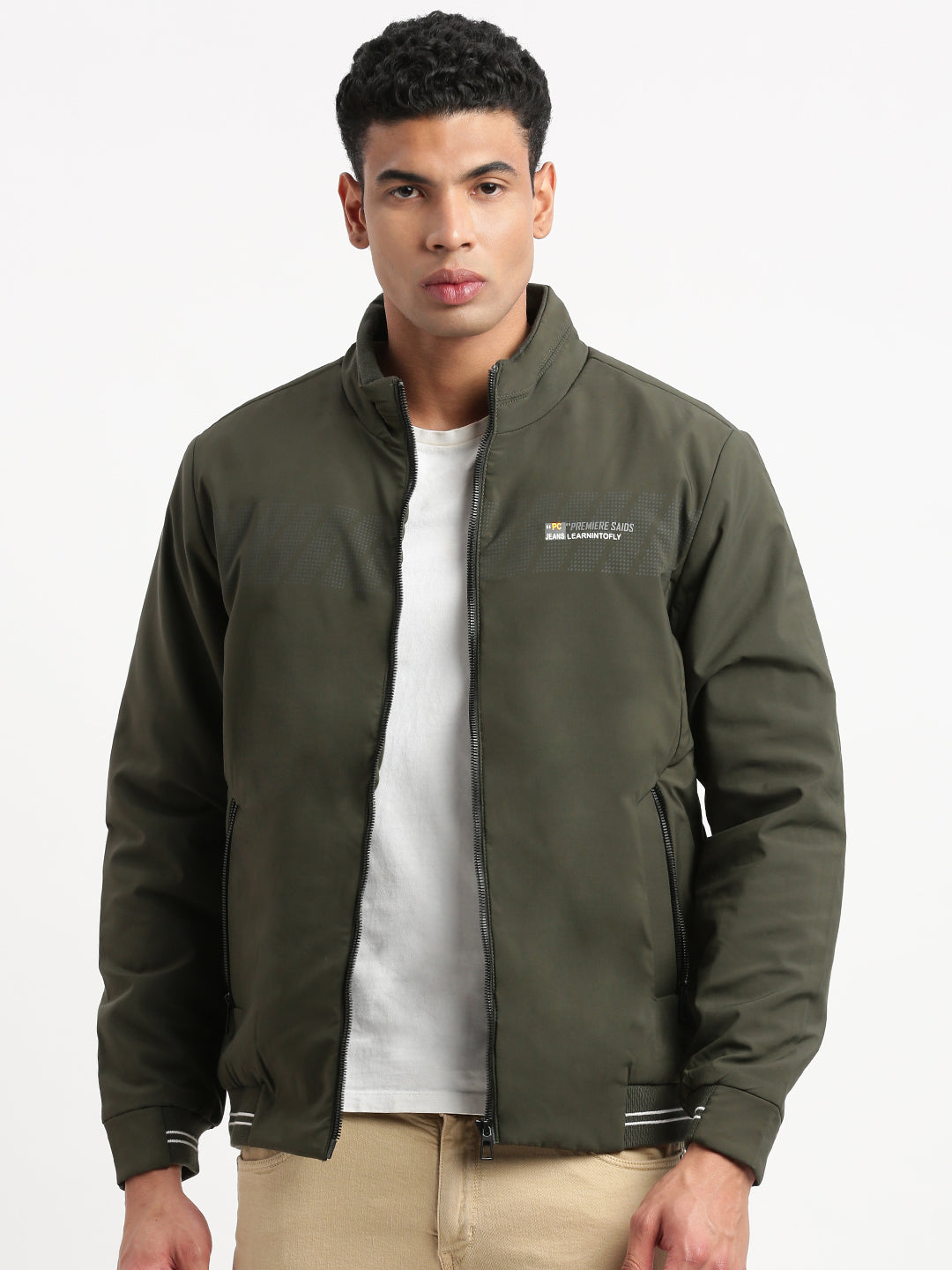 Men Mock Collar Olive Solid Bomber Jacket