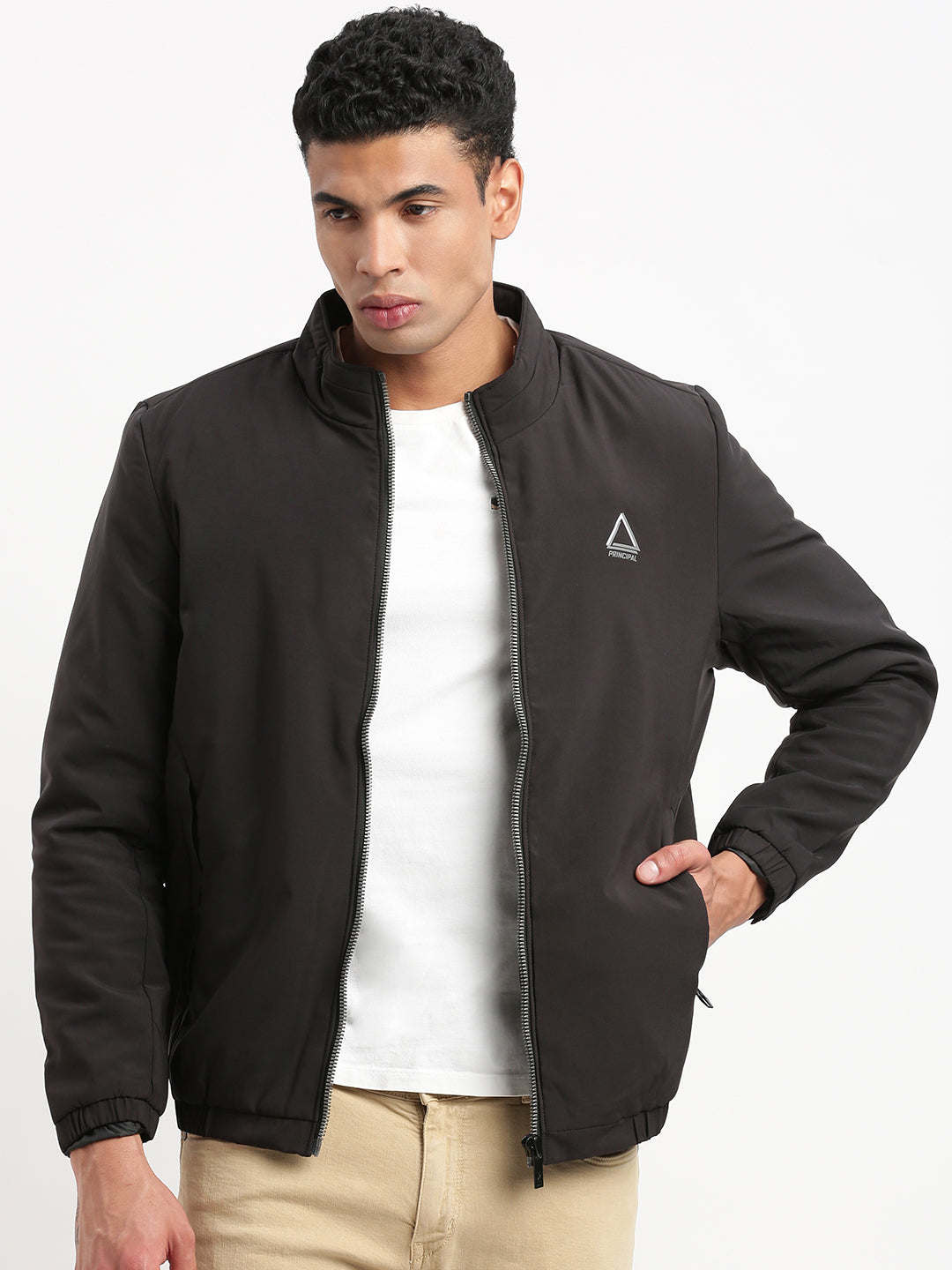 Men Mock Collar Black Solid Bomber Jacket