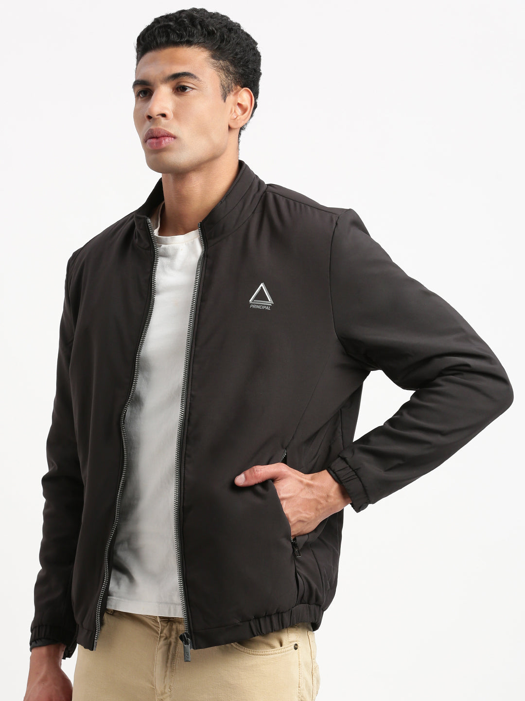 Men Mock Collar Black Solid Bomber Jacket