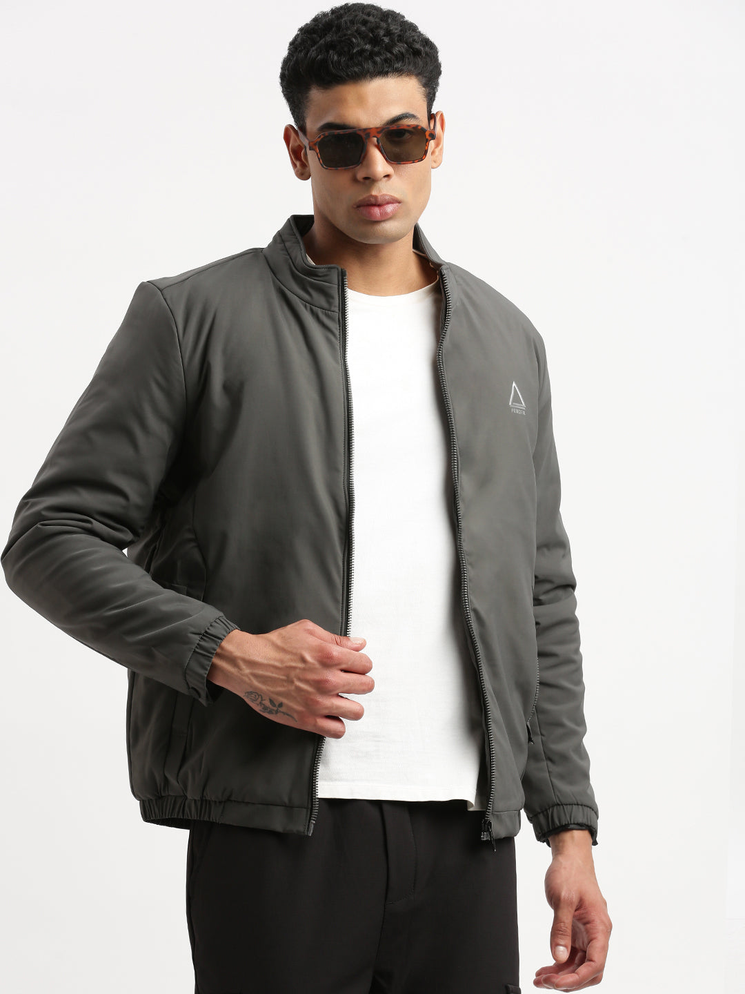 Men Mock Collar Grey Solid Bomber Jacket