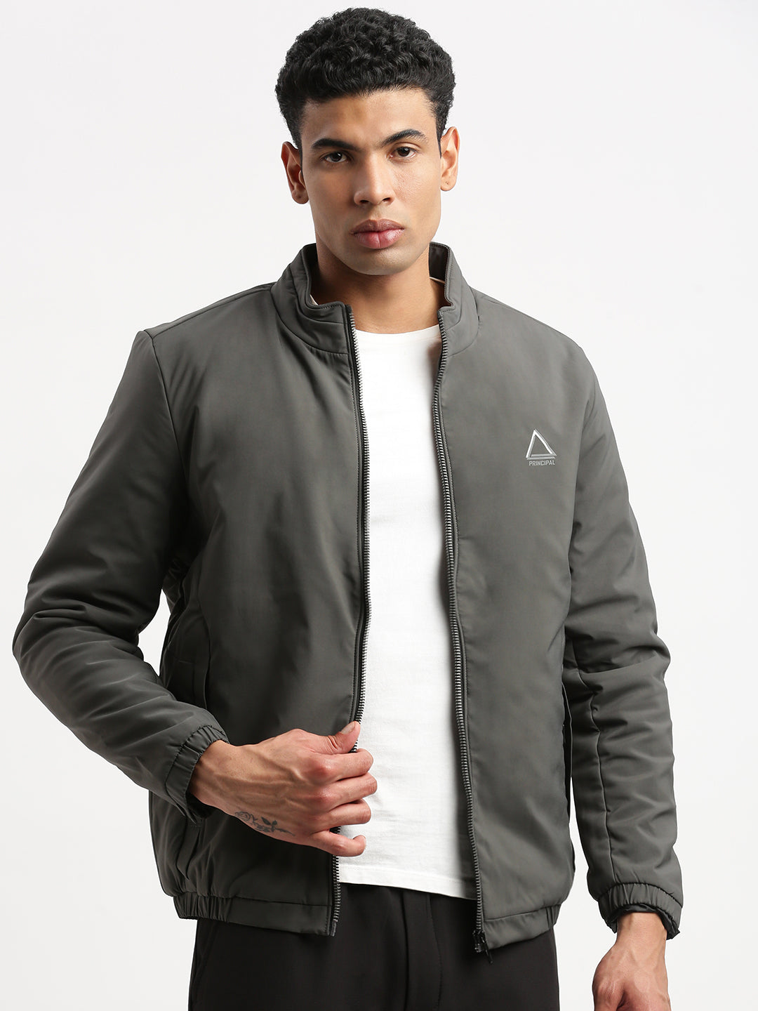 Men Mock Collar Grey Solid Bomber Jacket