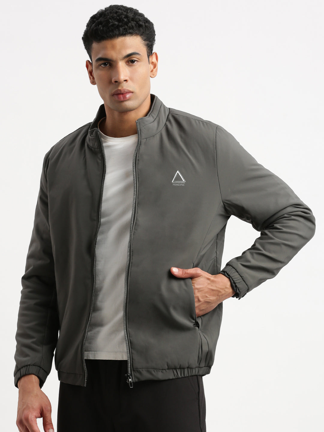 Men Mock Collar Grey Solid Bomber Jacket