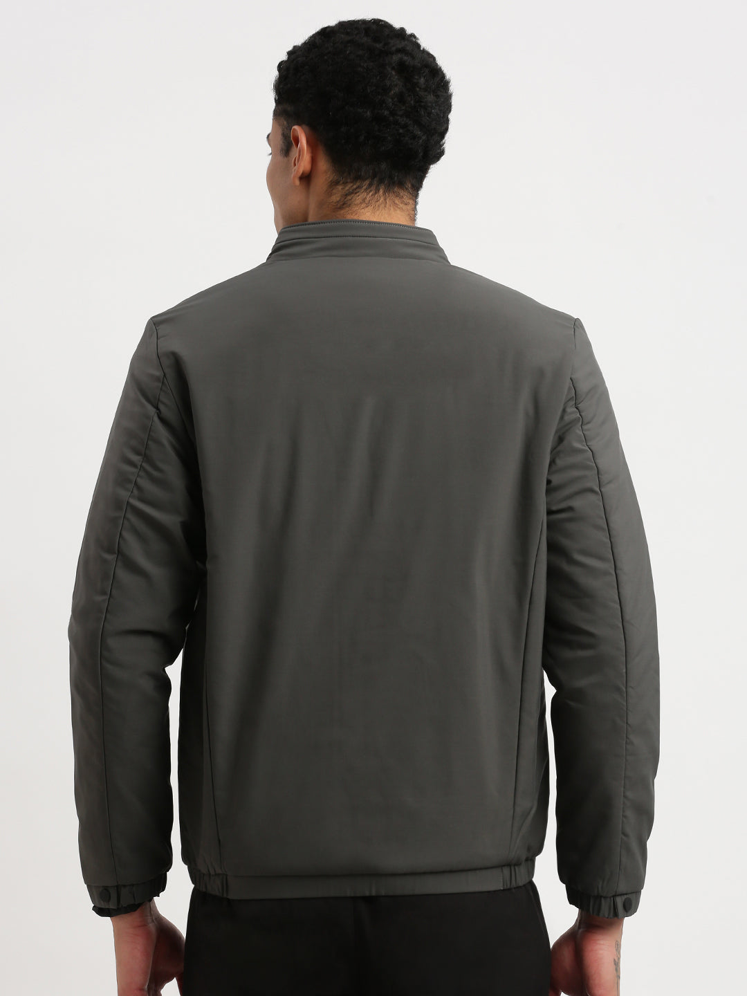 Men Mock Collar Grey Solid Bomber Jacket