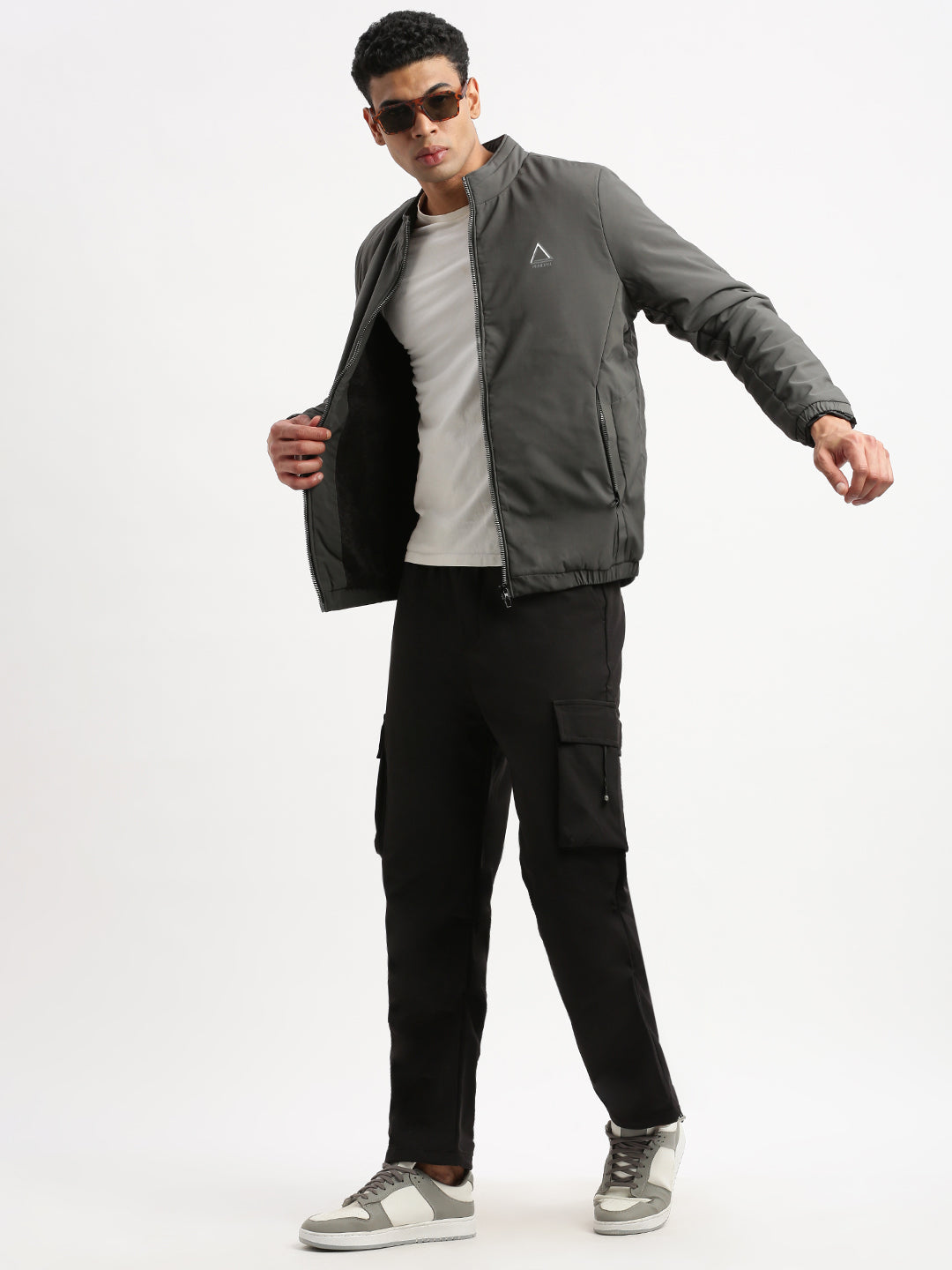 Men Mock Collar Grey Solid Bomber Jacket