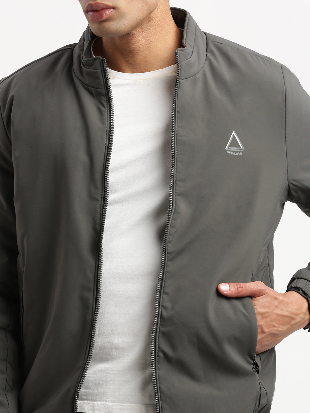 Men Mock Collar Grey Solid Bomber Jacket