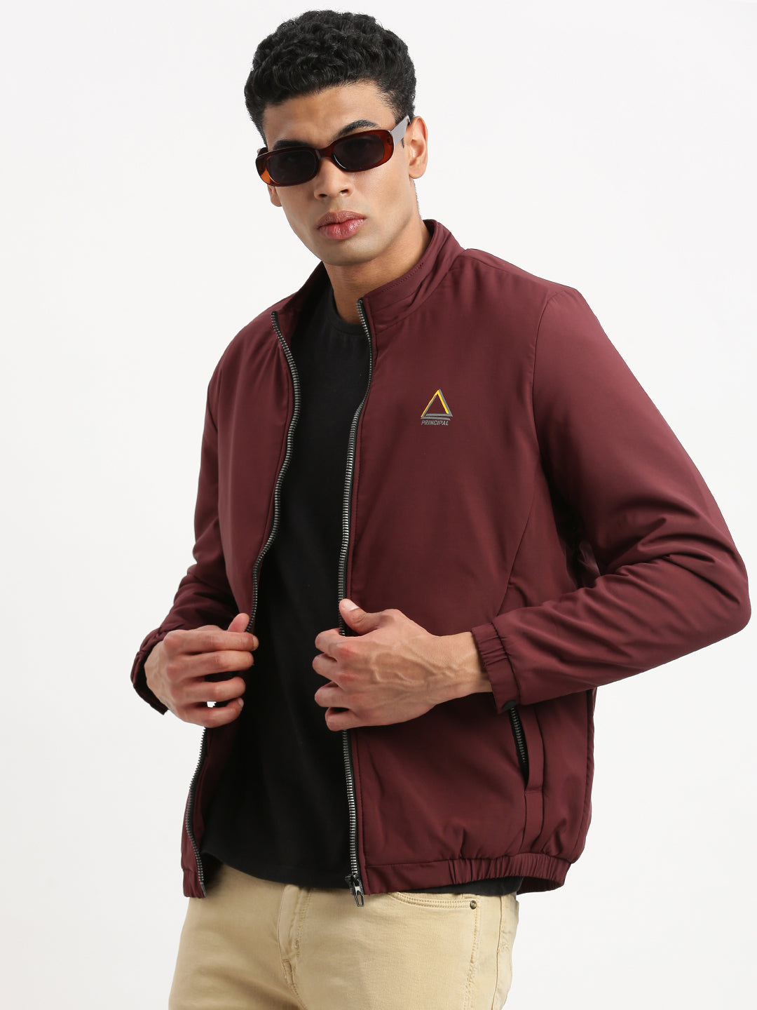 Men Mock Collar Maroon Solid Bomber Jacket