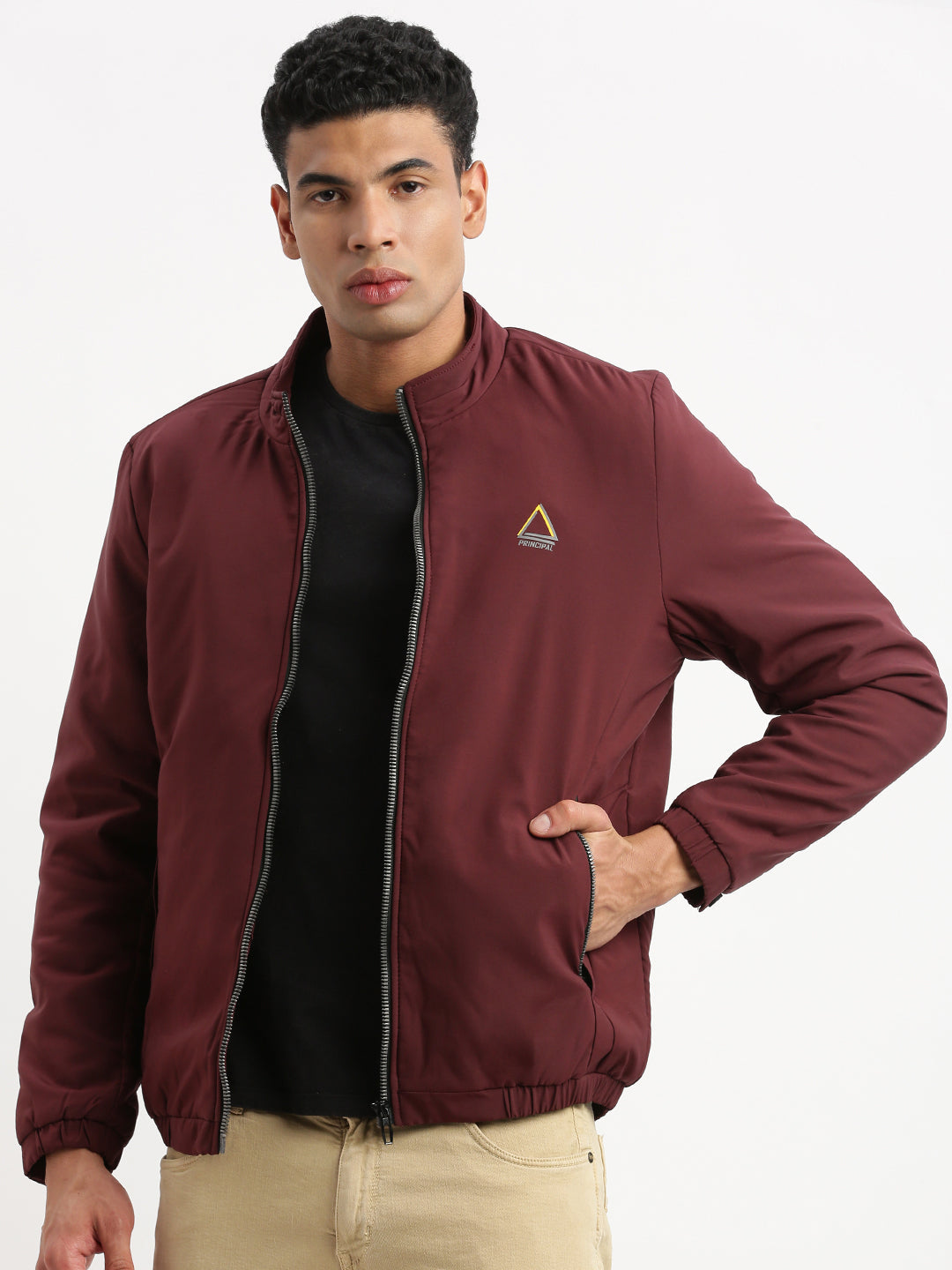 Men Mock Collar Maroon Solid Bomber Jacket