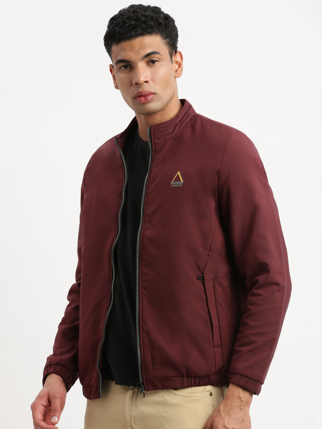 Men Mock Collar Maroon Solid Bomber Jacket