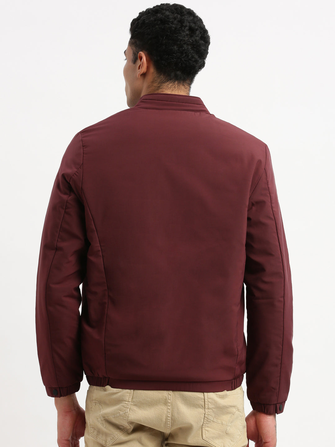 Men Mock Collar Maroon Solid Bomber Jacket