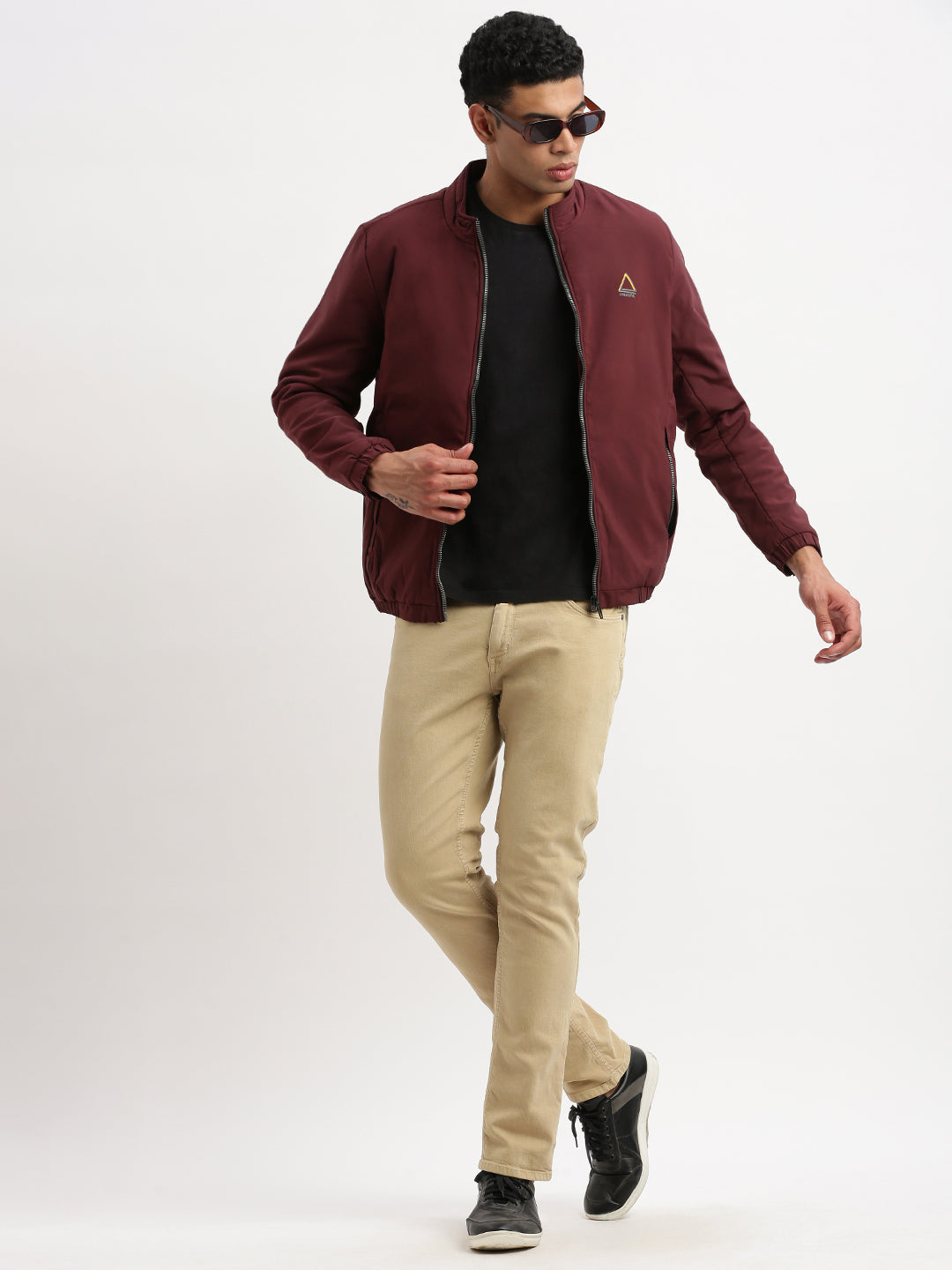 Men Mock Collar Maroon Solid Bomber Jacket