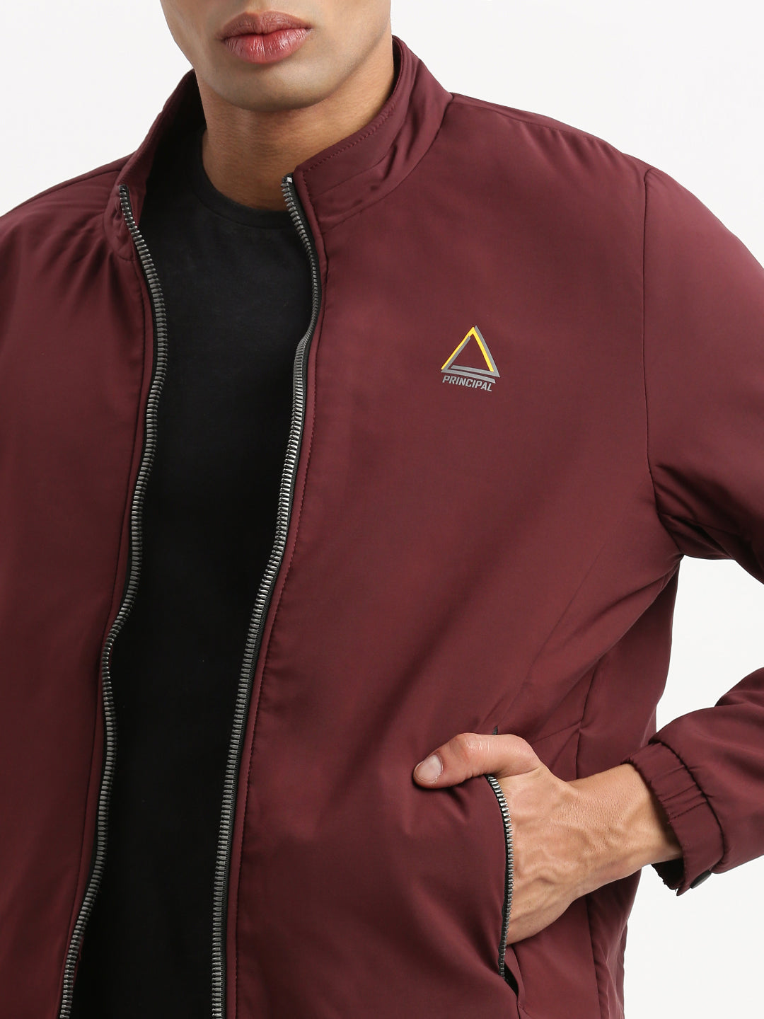 Men Mock Collar Maroon Solid Bomber Jacket