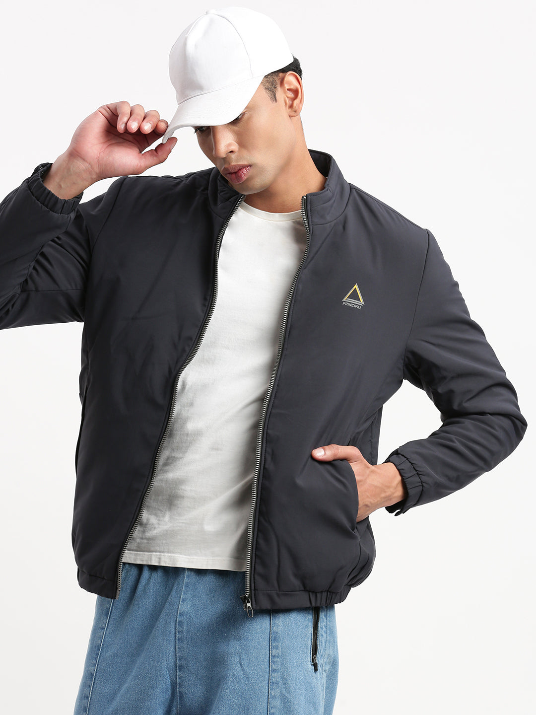 Men Mock Collar Navy Blue Solid Bomber Jacket