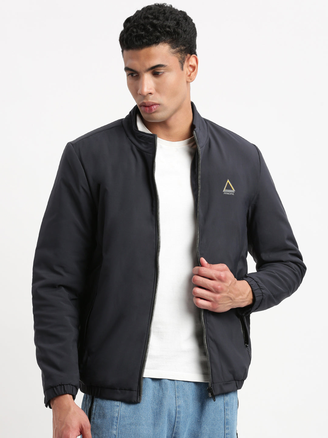 Men Mock Collar Navy Blue Solid Bomber Jacket