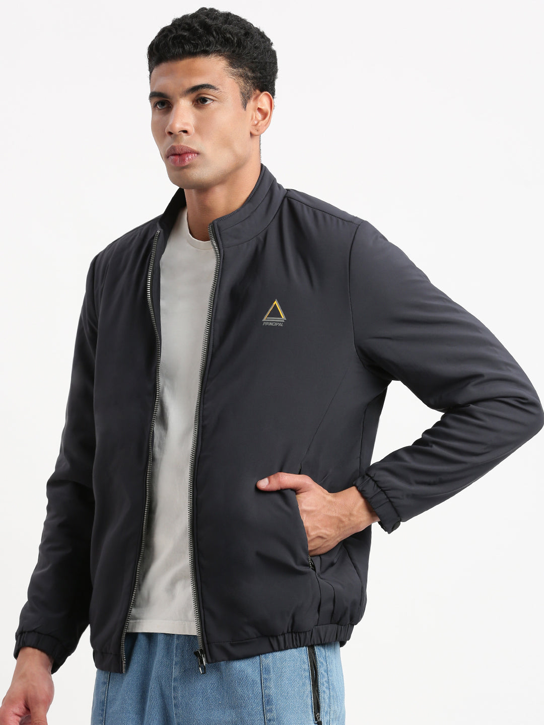 Men Mock Collar Navy Blue Solid Bomber Jacket