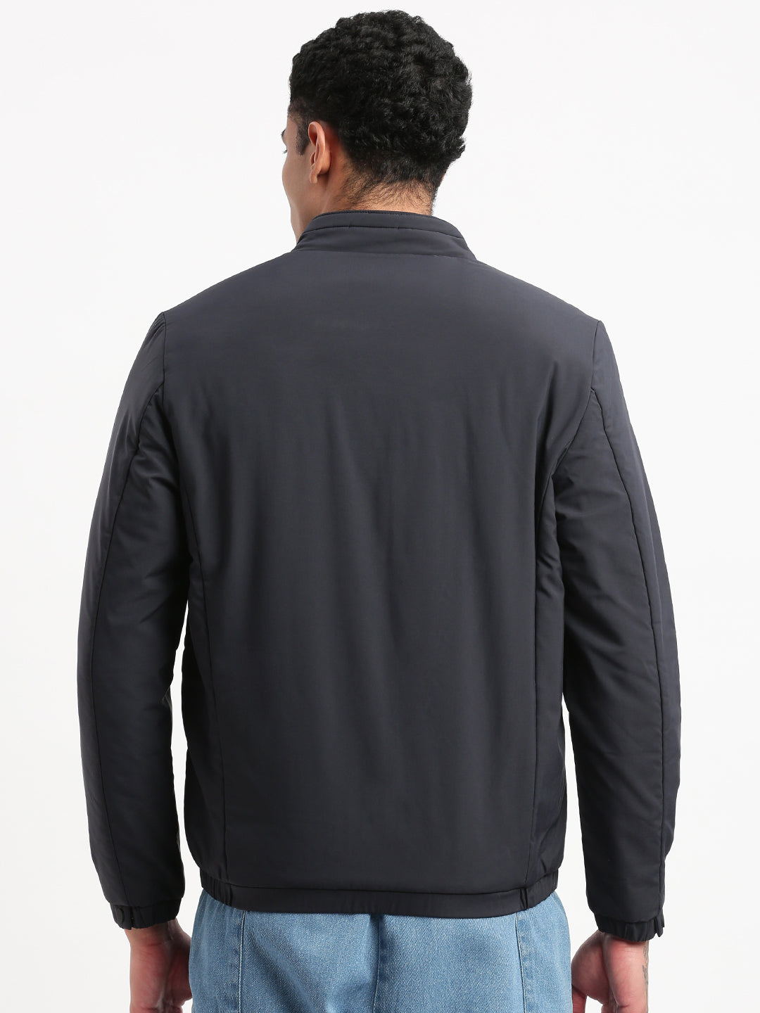 Men Mock Collar Navy Blue Solid Bomber Jacket