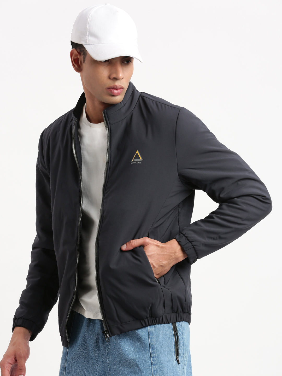 Men Mock Collar Navy Blue Solid Bomber Jacket