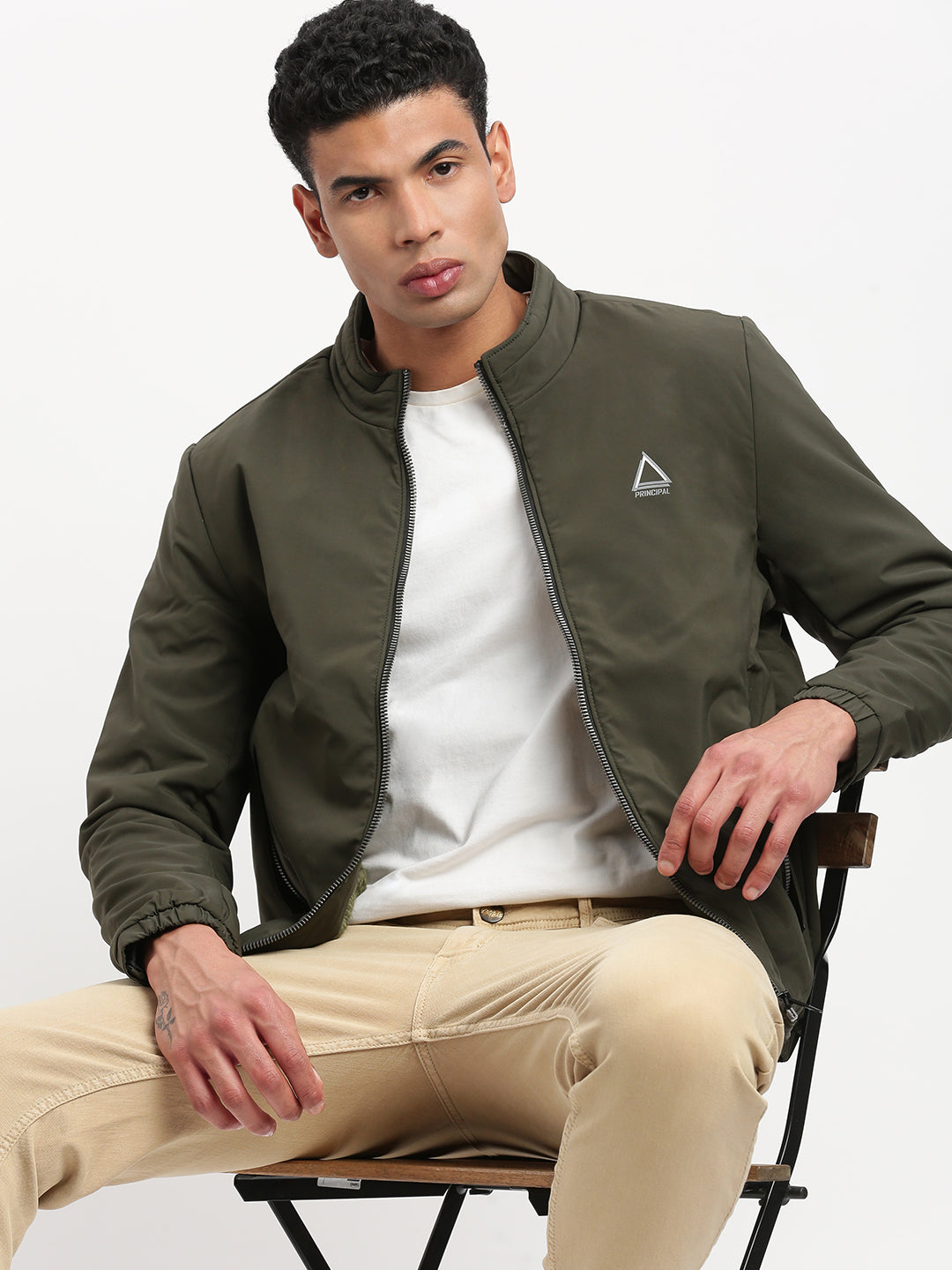 Men Mock Collar Olive Solid Bomber Jacket