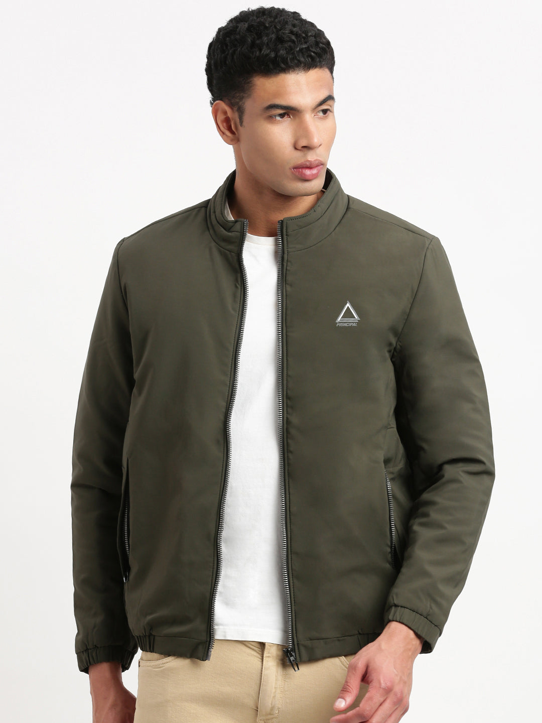 Men Mock Collar Olive Solid Bomber Jacket