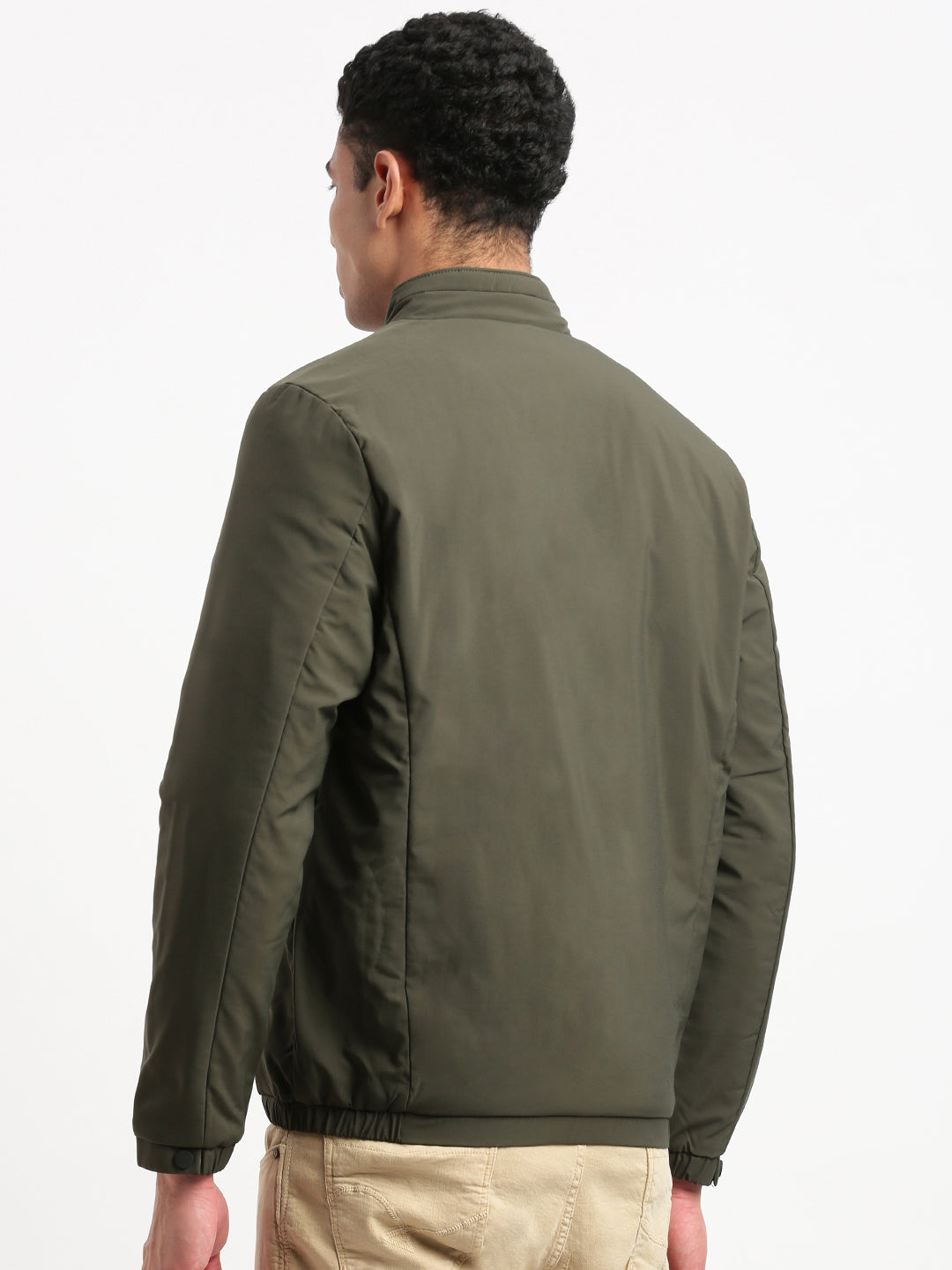 Men Mock Collar Olive Solid Bomber Jacket