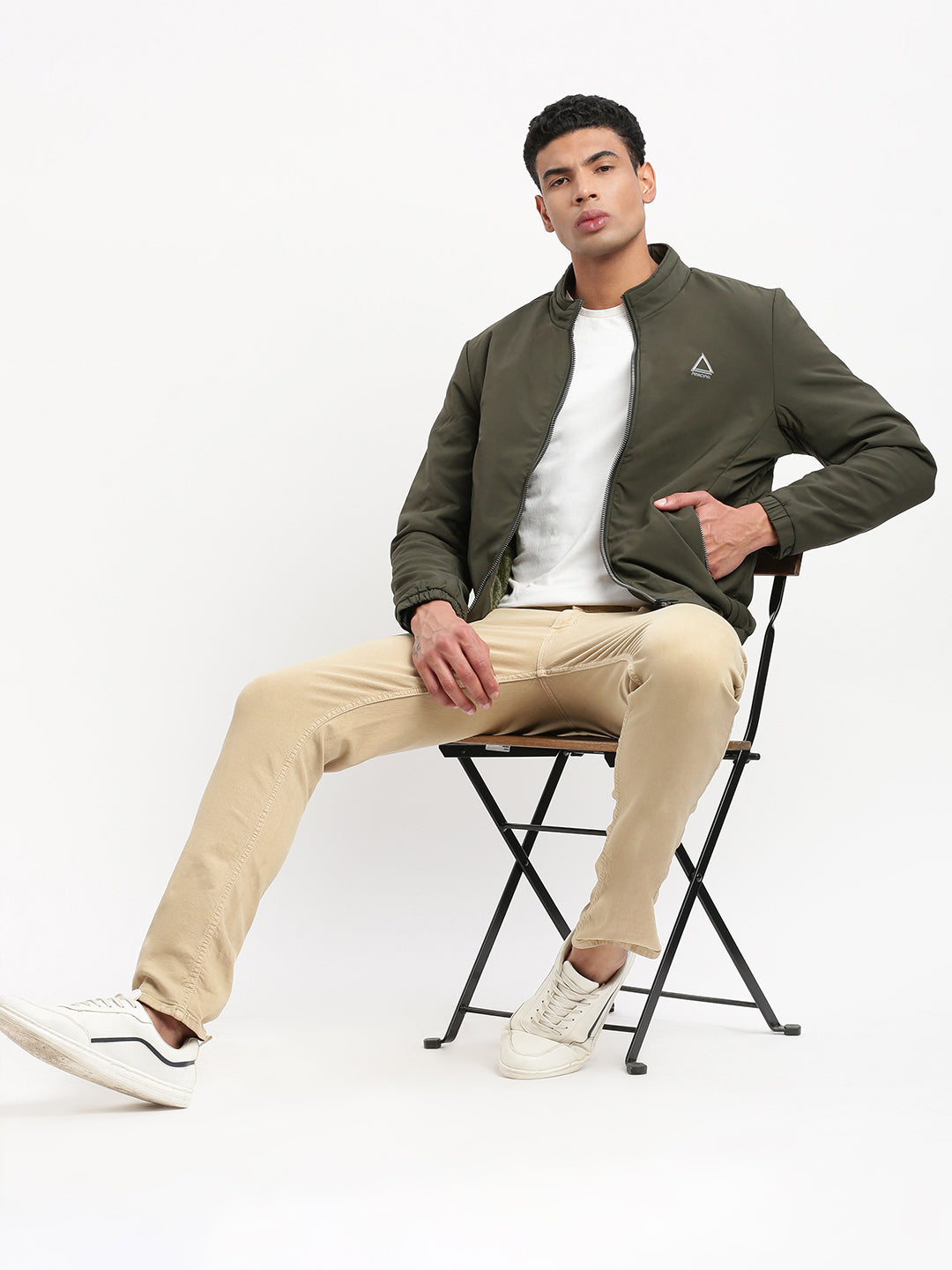 Men Mock Collar Olive Solid Bomber Jacket