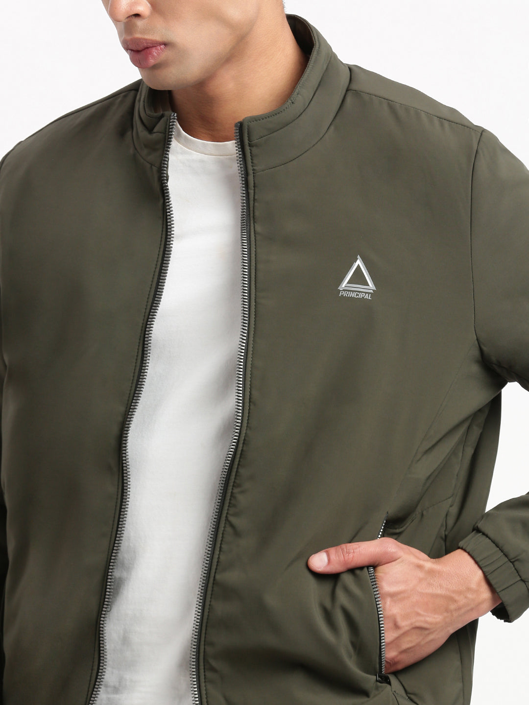 Men Mock Collar Olive Solid Bomber Jacket