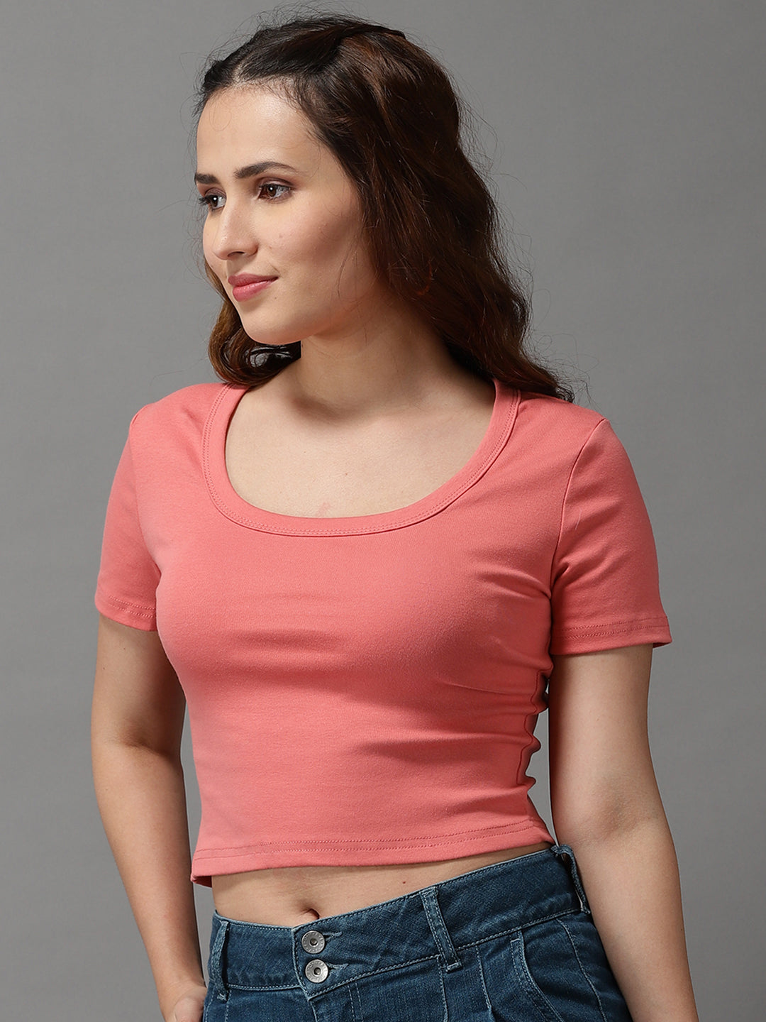 Women Solid Peach Fitted Top