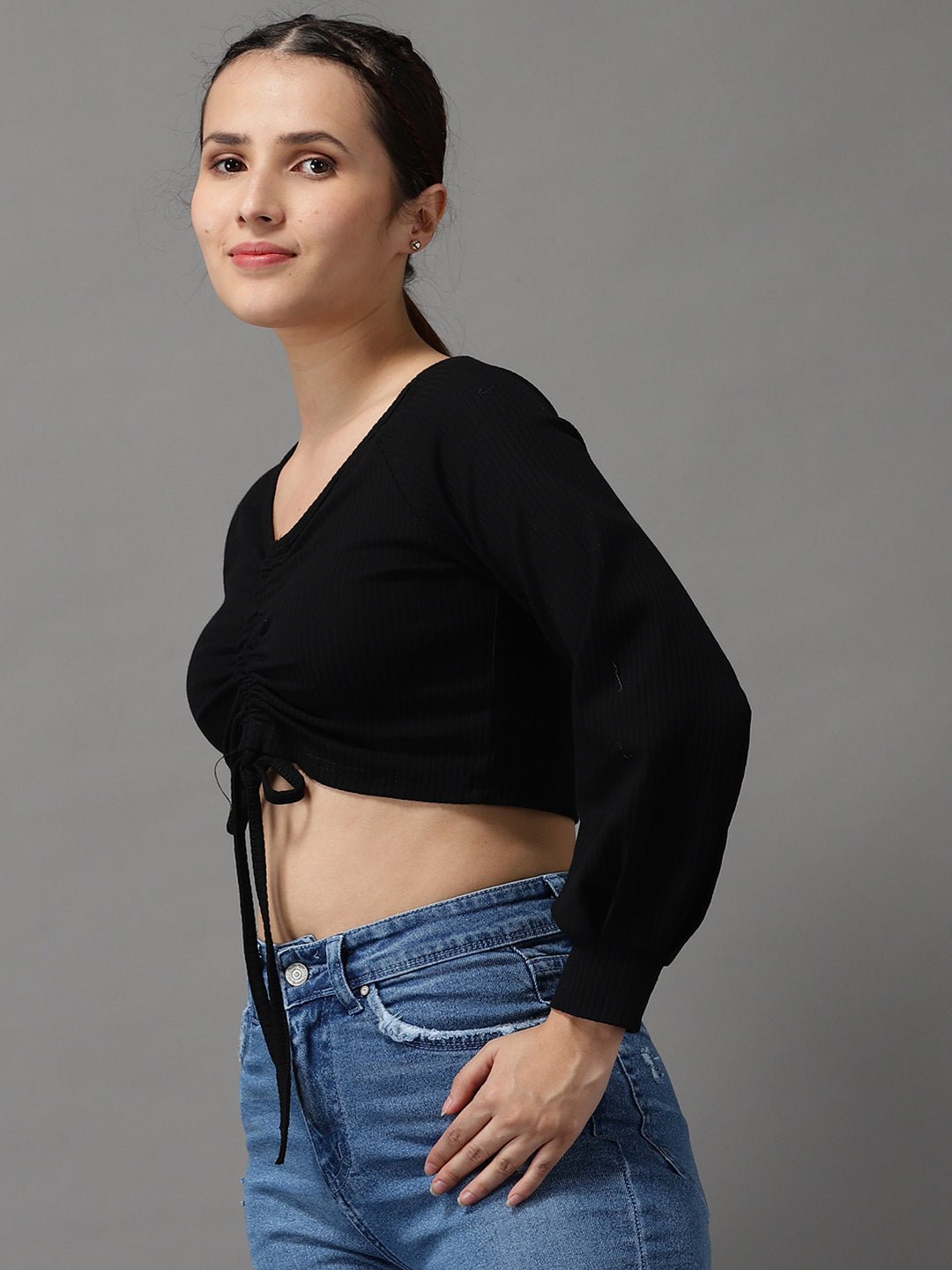 Women V-Neck Solid Black Fitted Top